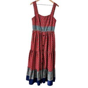 eShaki Wayward‎ Fancies Red Blue Floral Sleeveless Buttons Boho Maxi Dress 8/10
